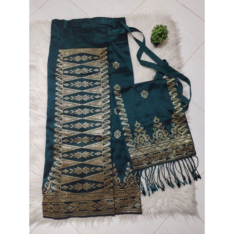 Songket silungkang warna hijau botol gold siap pakai songket padang