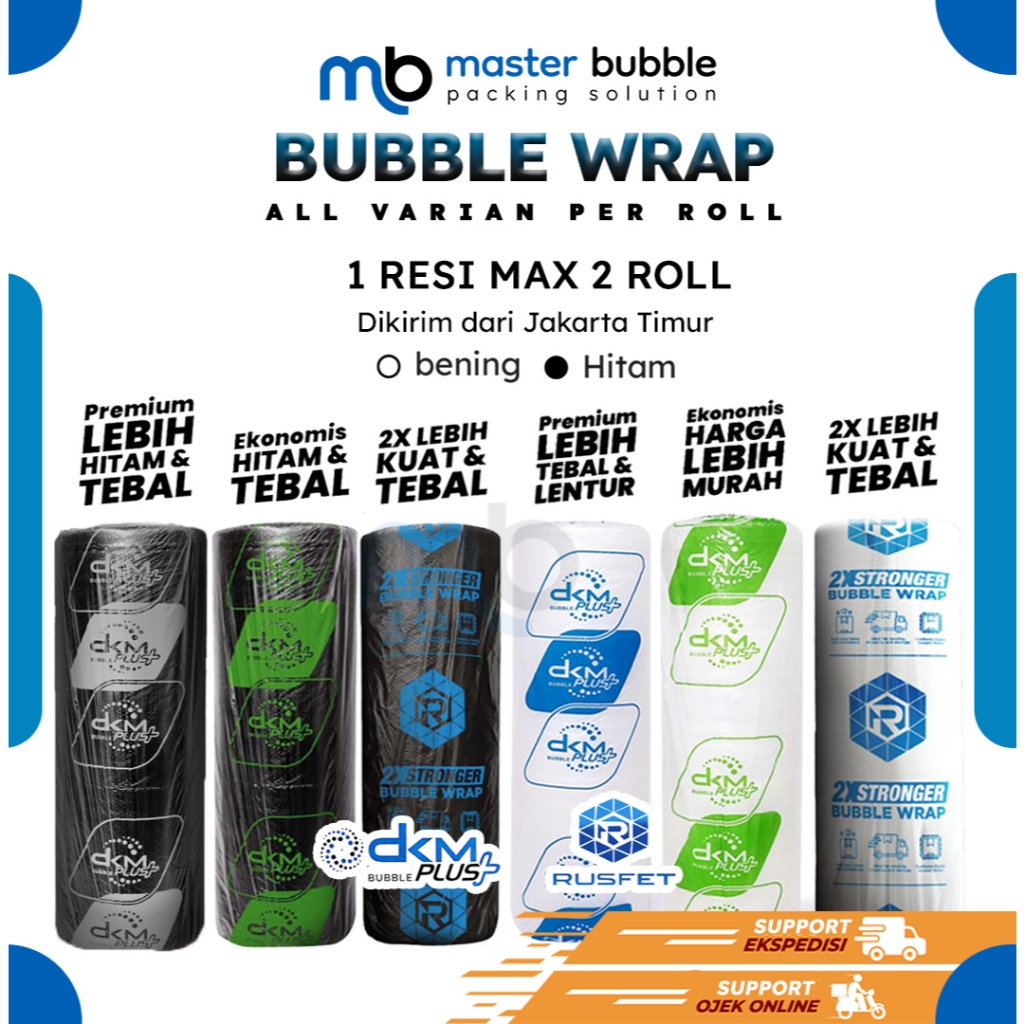 

tAe Plastik Bubble Wrap Merek DKM / RUSFET Roll 125cm x 50meter Putih Bening / Hitam Tebal Murah