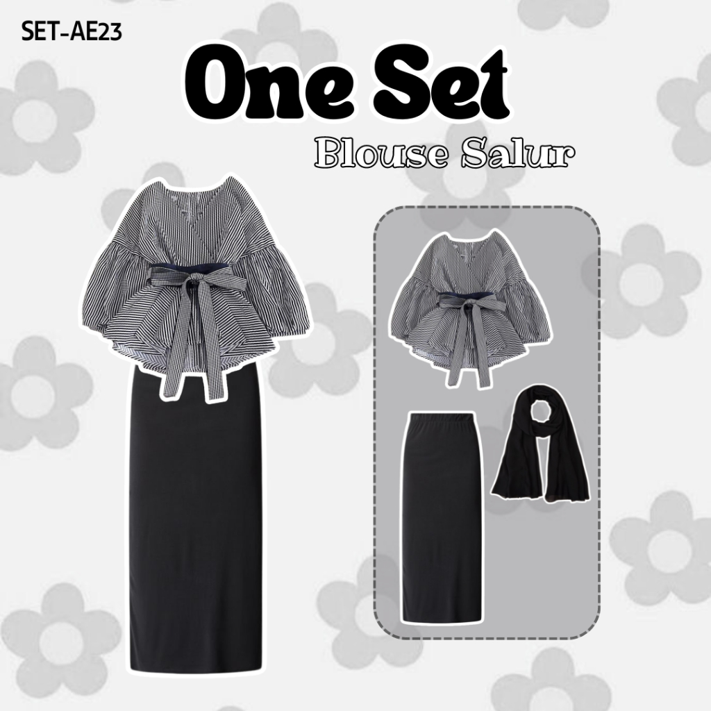3 IN 1 One Set Hijab Korean Style Outfit Remaja Outfit Pantai Outfit Healing Bluse Salur Rok Span Ra
