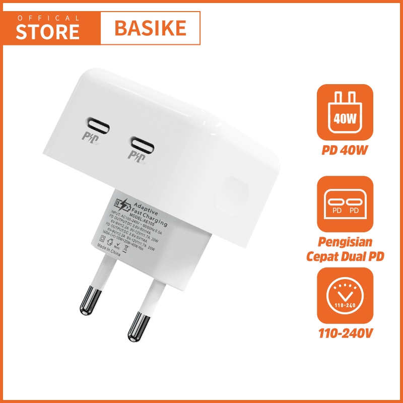 BASIKE Kepala Charger iPhone Fast Charging Type C PD 40W Samsung Xiaomi vivo OPPO Universal EU Plug