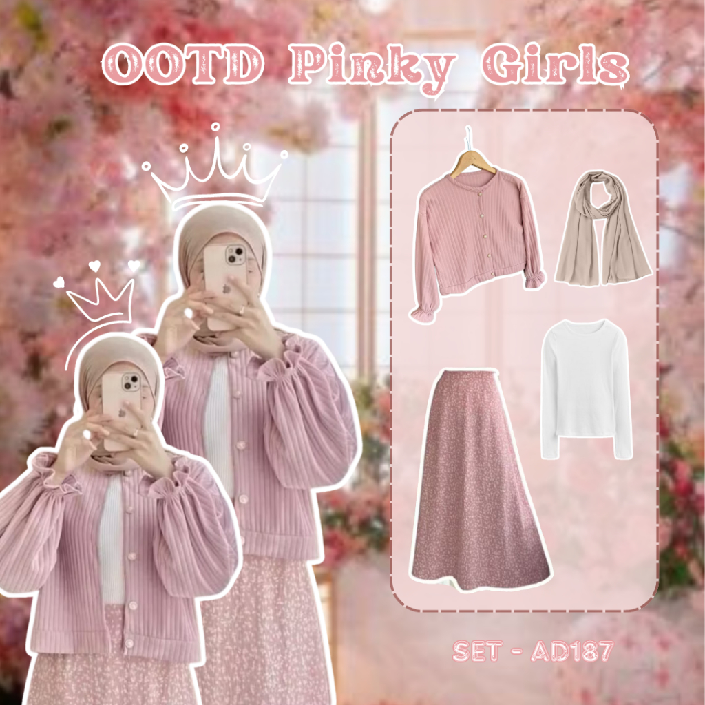 One Set Hijab OOTD 3 In One Set Korean Style Outfit Wanita Remaja Kekinian Rok Cardigan Set- AD187