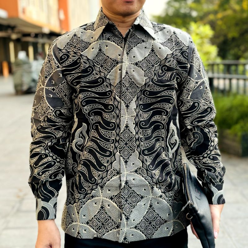 Kemeja batik pria ABU HITAM lengan panjang bahan doby motif terbaru