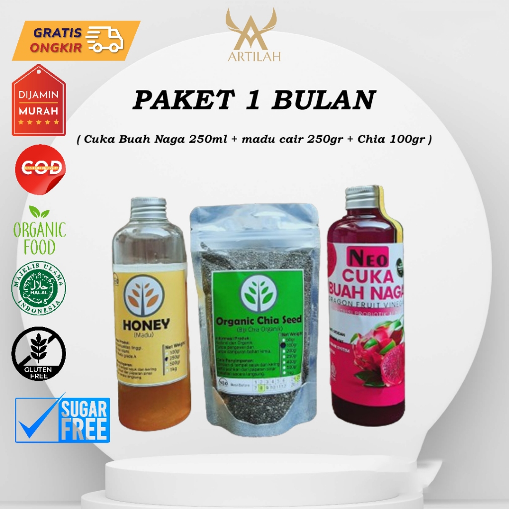 

Paket1bulan ! Cuka Buah Naga250ml + Chia 100gr +Madu Asli 250ml - Cuka Naga Prebiotik - Probiotik alami- Probiotics