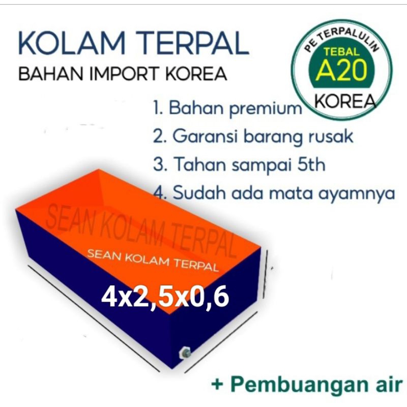 Terpal Kolam Terpal Ikan Kotak Korea A20 4x2,5x0,6 / 400x250x60 Untuk Budidadya Ikan Lele, Nila, Gur