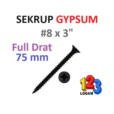 #8x3" Sekrup Gypsum, Drywall Hitam 3 inch, 75 mm (7cm) - Full Drat