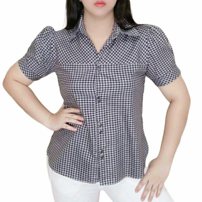 Kemeja Jumbo Motif Kotak Catur Kasual Wanita Bahan Katun Kotak Lengan Pendek Kerah Kemeja