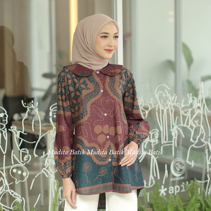 Batik Mudita Motif Arimbi Batik Wanita Modern Kantoran Lengan Panjang Warna Merah Burgundy Katun Pri
