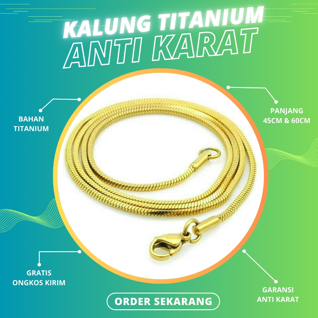 Kalung Titanium Gold Emas Pria Wanita Kotak - Kalung Titanium, Pria Titanium Anti Karat, Keren, Asli