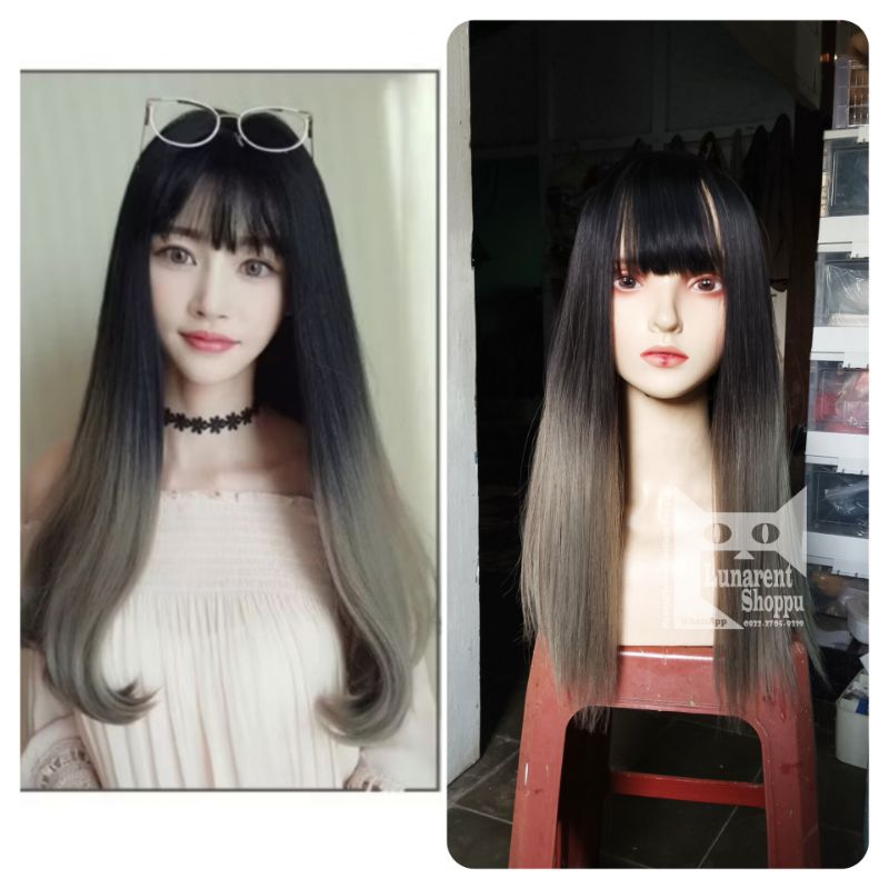[READY STOK] WIG Daily cosplay hitam Ash abu rambut palsu NATURAL wanita RSW ombre gradasi