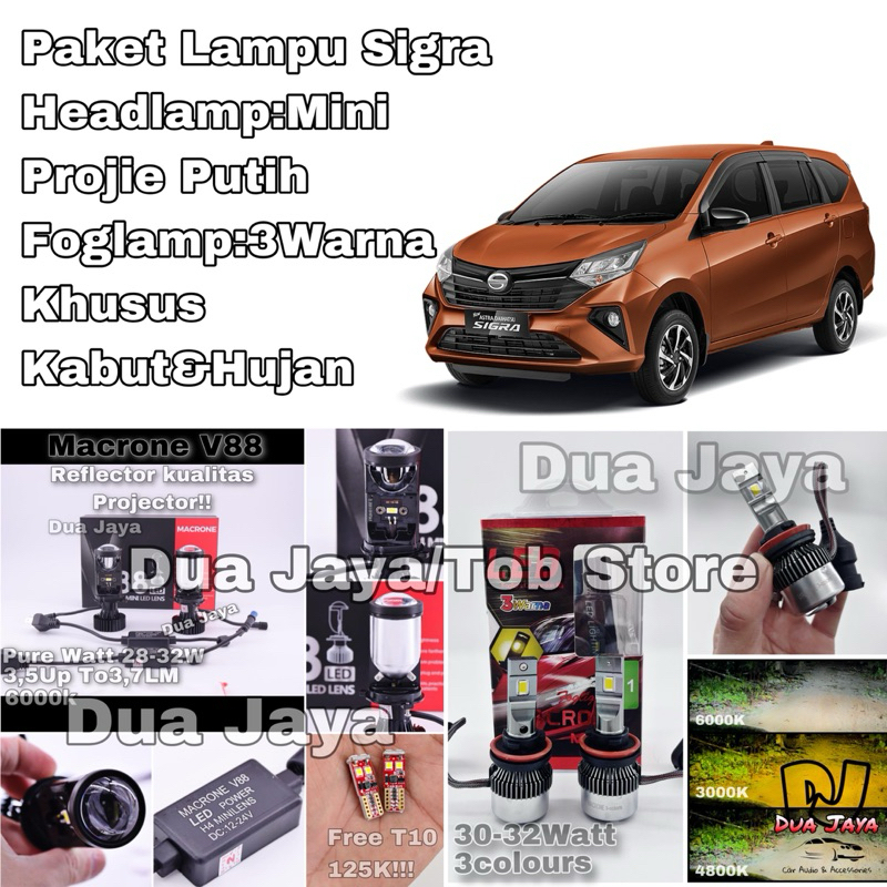 Paket Lampu Mobil Sigra Led Headlamp V88 Projector Foglamp MC6 3 Warna PNP