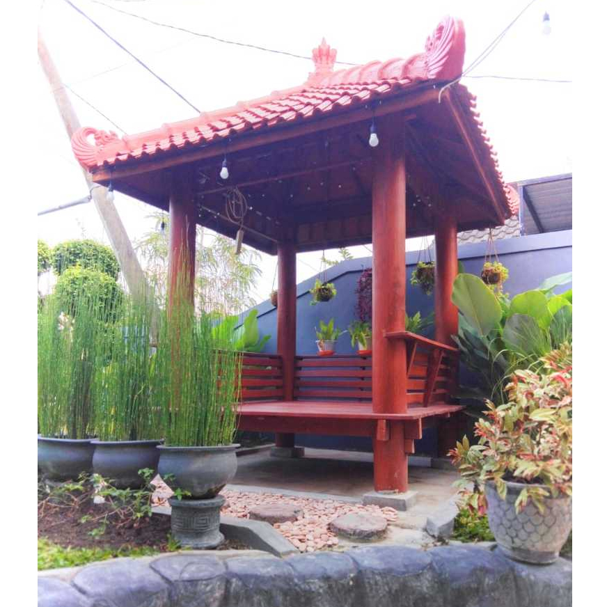 Gazebo Atap Genteng Rumah Klasik | Kayu Kelapa Atap Sirap Kayu Ulin Model Tiang Bulat Ukuran 2x2 Met