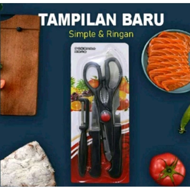 Set Pisau 4 in 1 Stainless Pisau Dapur dan Gunting Dapur Set J9