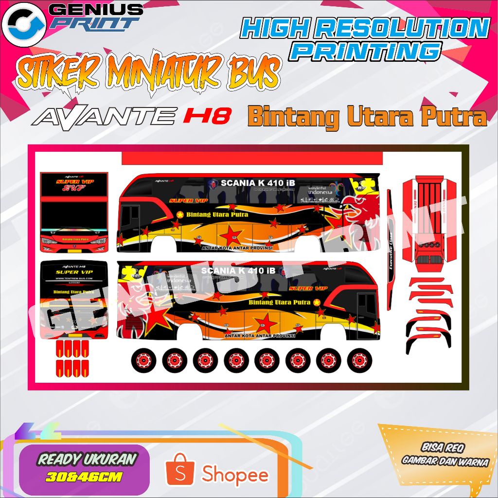 Stiker Mainan Miniatur Bus Avante H8 Sumatra Bintang Utara Putra | Chandra | Eldivo | Fajar Riau Wis