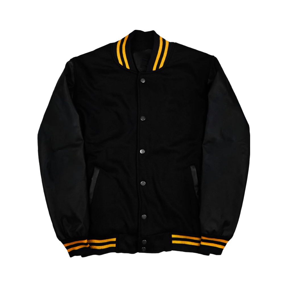 JAKET VARSITY HITAM POLOS TERBARU BIG SIZE VARSITY HITAM STRIP KUNING