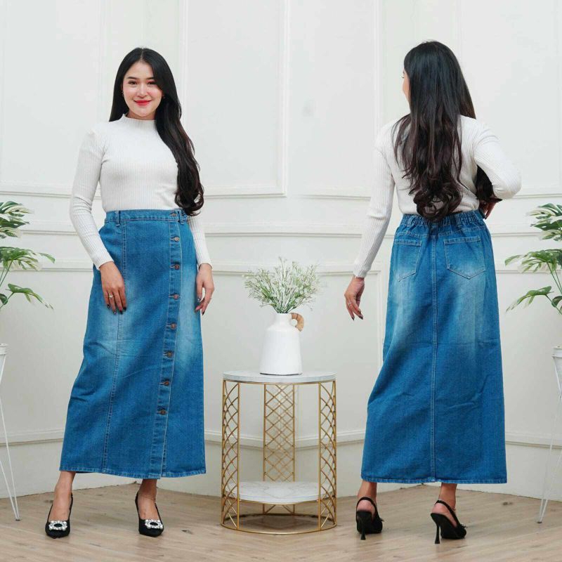 Lexus Rok Jeans Wash / Rok Highwash Wanita / Rok Panjang Kekinian / Rok Jeans Belah / Bawahan Wanita
