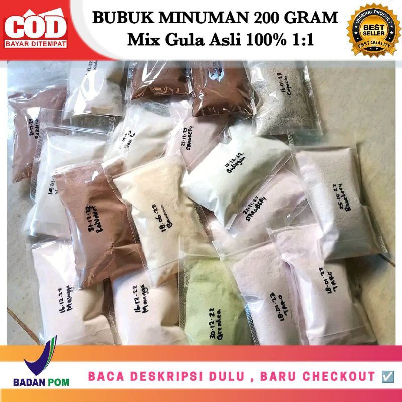 

Powder minuman 200 gram / Bubuk minuman viral kekinian / Bubuk minuman aneka rasa / bubuk mix gula asli 100% / bubuk minuman cafe / taro / coklat / durian / nyoklat klasik / coklat original / alpukat / avocado / capucino / boba / milk tea / thai tea