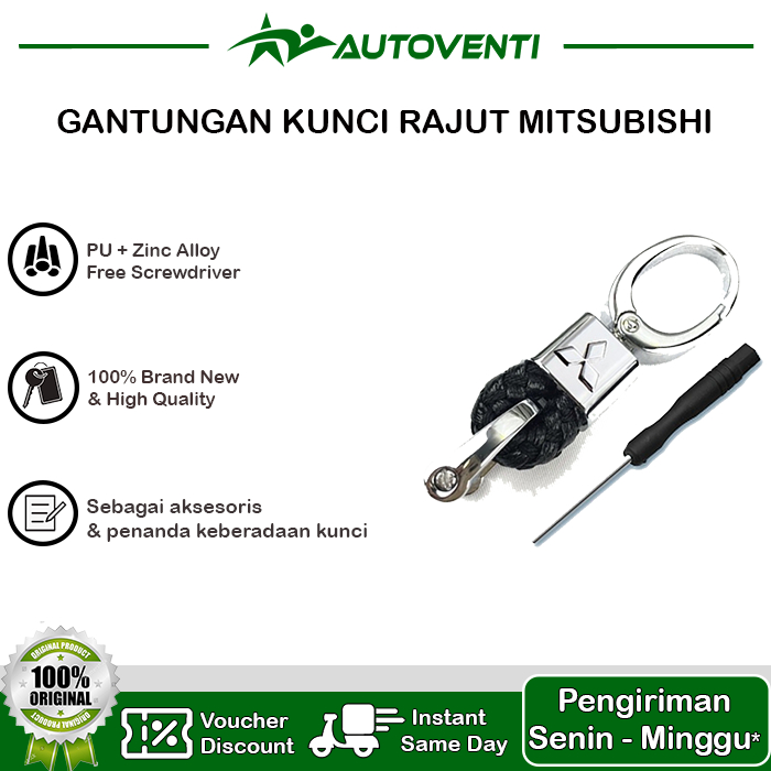 GANTUNGAN KUNCI MOBIL LOGO MITSUBISHI RAJUT BAHAN KULIT TALI PENDEK