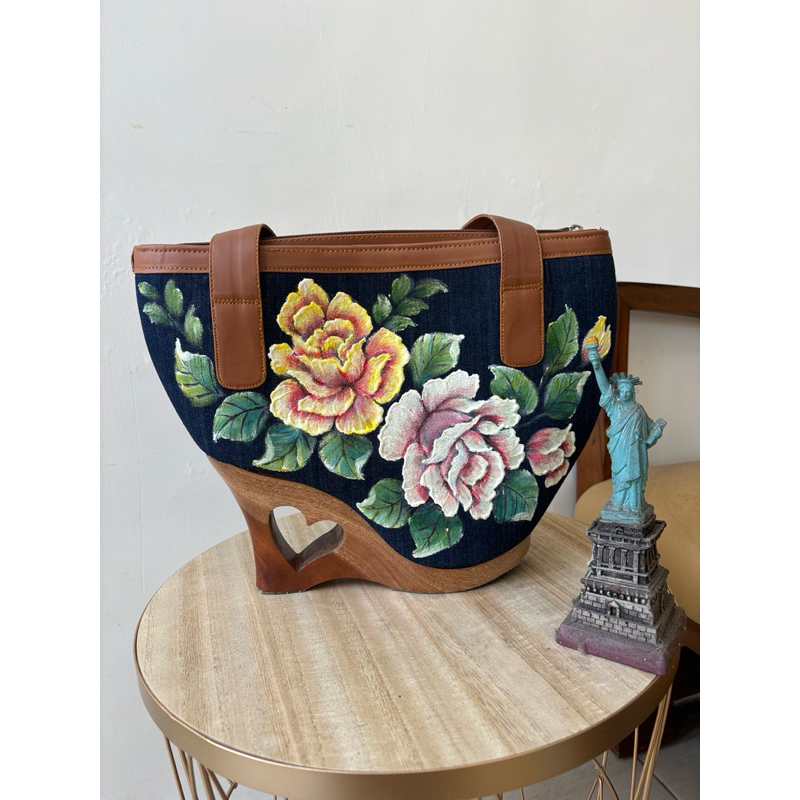 Preloved Tas Lukis Handmade Jeans Mix Leather