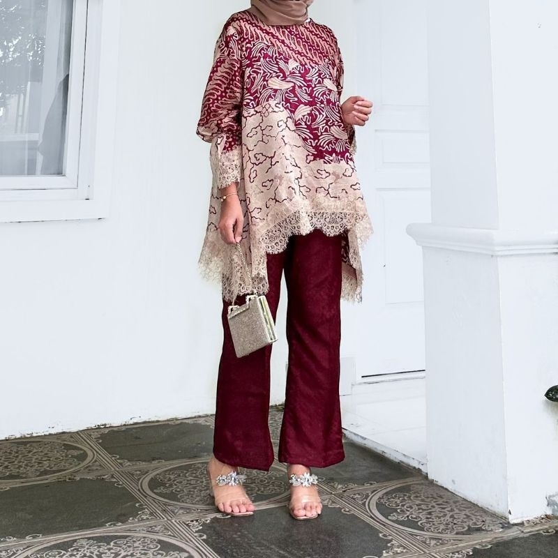 HANIN Blouse Set Batik Viscose Semi Sutra Baju Kondangan Batik Kantor Formal