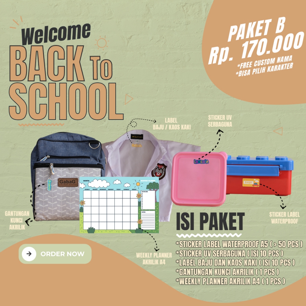 

WEEKLY PLANNER, STIKER LABEL NAMA, LABEL BAJU, GANTUNGAN KUNCI PAKET B