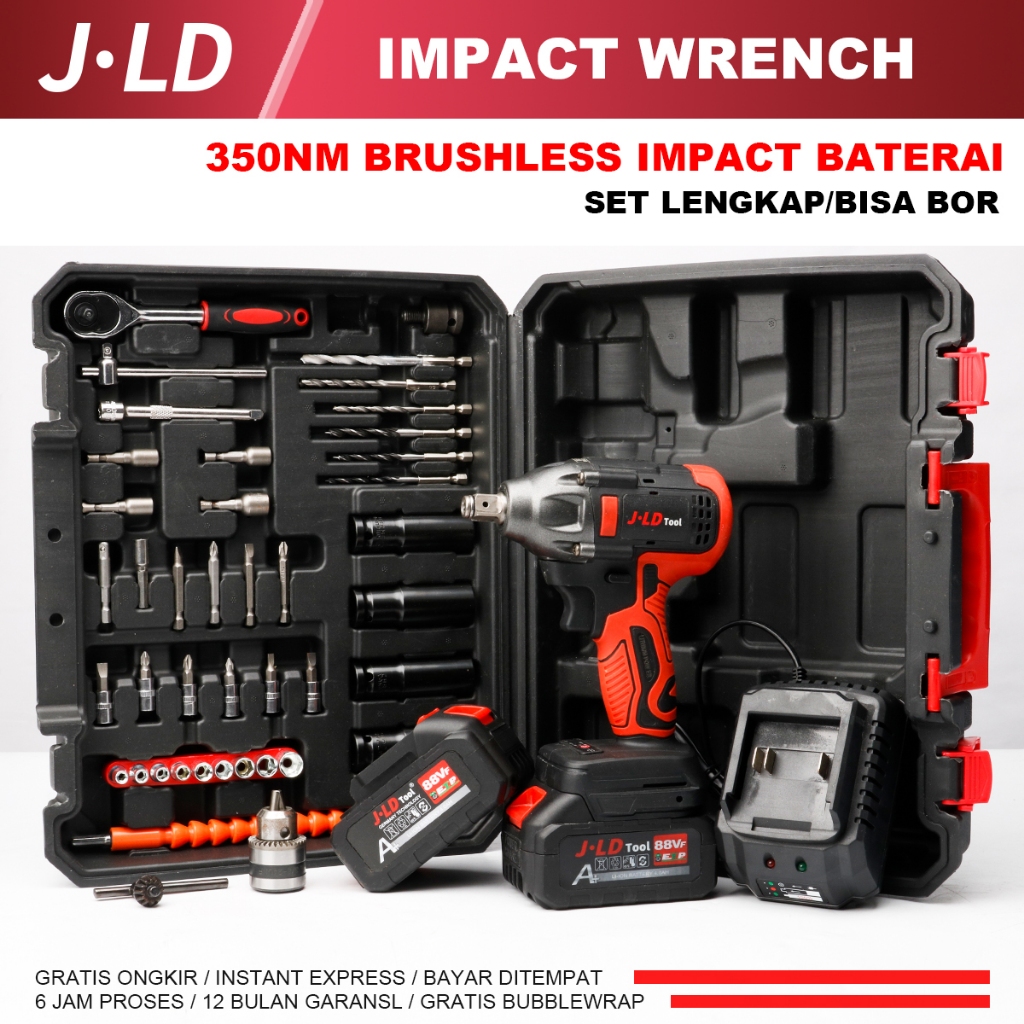 PROMO JLD Mesin Bor Impact Baterai 88VF Fullset Impact Bor 2Baterai 350NM Impact Wrench Impact JLD