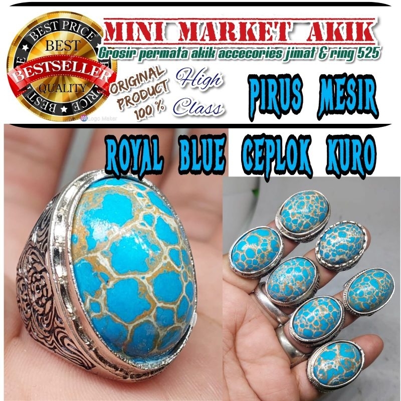 Batu cincin pirus mesir royal blue urat merah putih ceplok kuro biru jumbo njenong