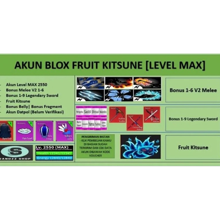 KODE S63L Akun Blox Fruit KITSUNE Level MAX Datpol