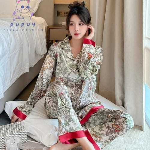 Piyama Pemium Mewah Satin Sutra Motif Bunga Baju Tidur Wanita  Remaja Dewasa Korea Kancing Depan Bus
