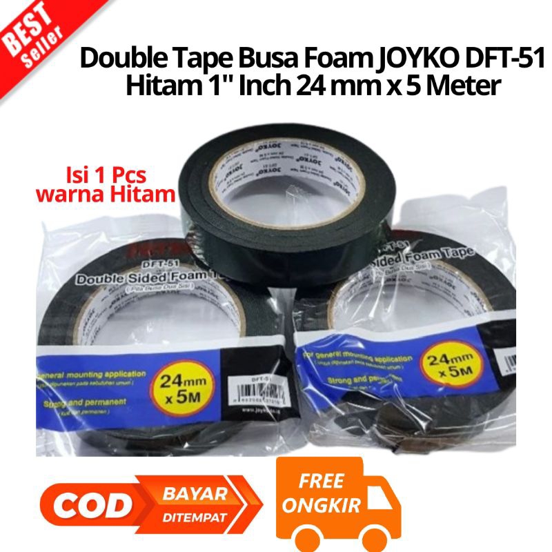 [JK] BAYAR DI TEMPAT LAKBAN ISOLASI SOLASI Double Tape Busa Foam JOYKO DFT-51Hitam 1" Inch 24 mm x 5