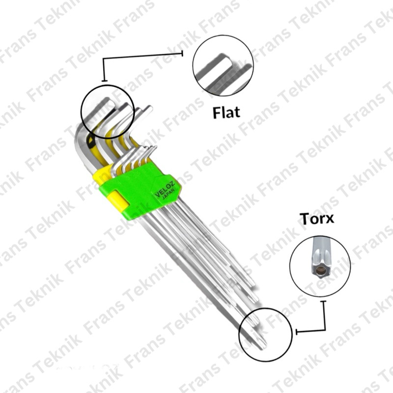Kunci L Set 9 Pcs Torx Flat Extra Long H1,5 - T55 Veloz Chrome Vanadium steel (CR-V)/ 9PCS TORX - FL