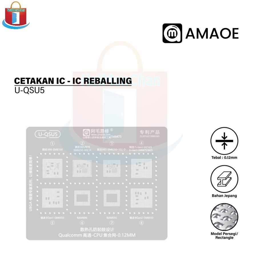 Amaoe U-QSU5 Cetakan IC BGA Reballing Stencil for Qualcomm Snapdragon CPU 888-SM8350/865/SM8250-002/