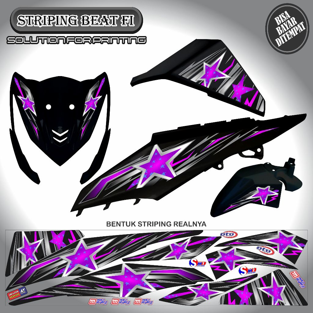 STRIPING VARIASI BINTANG UNGU STICKER HONDA BEAT FI OLD MOTIF KEREN SIMPLE MURAH