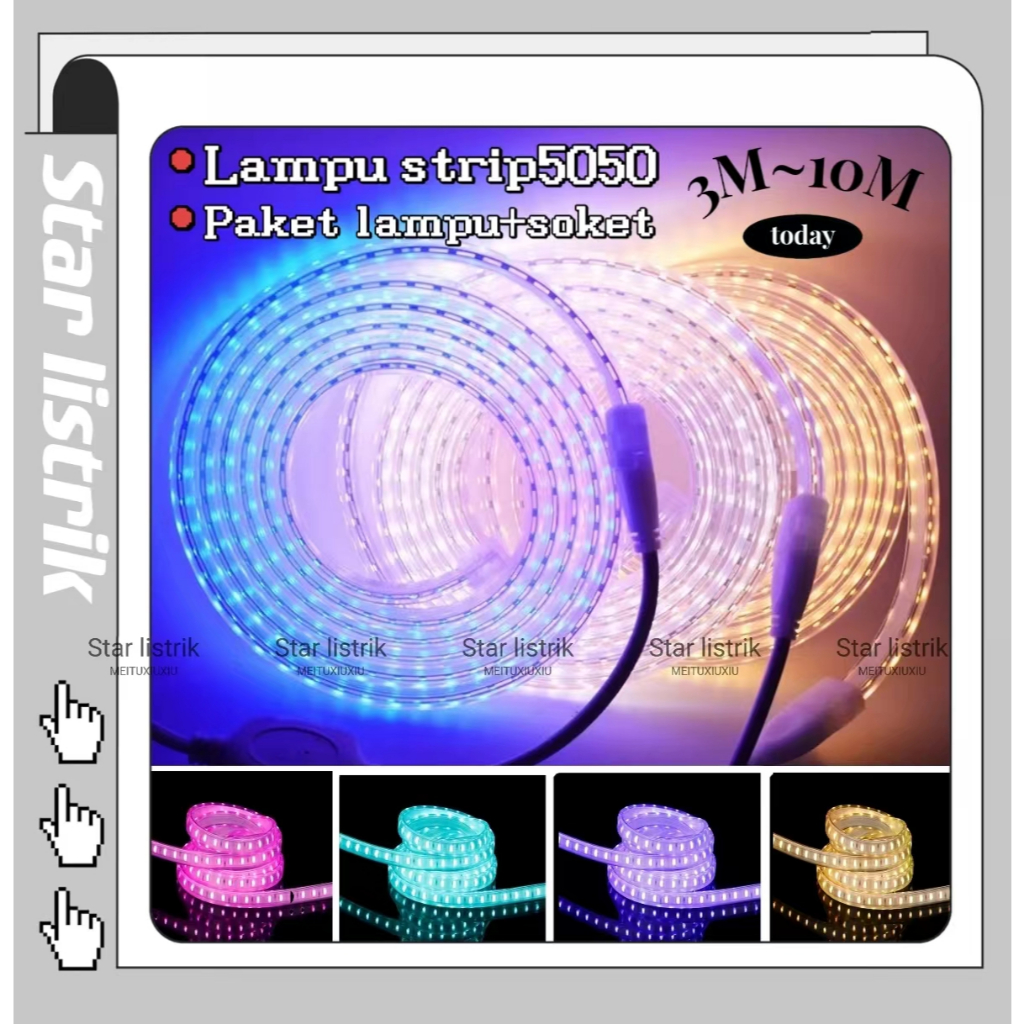 PAKET Lampu Led Strip Selang 5050 5m 8m 10 meter (lampu strip+ Socket+tutup )5050 Lampu Hias Cafe Le
