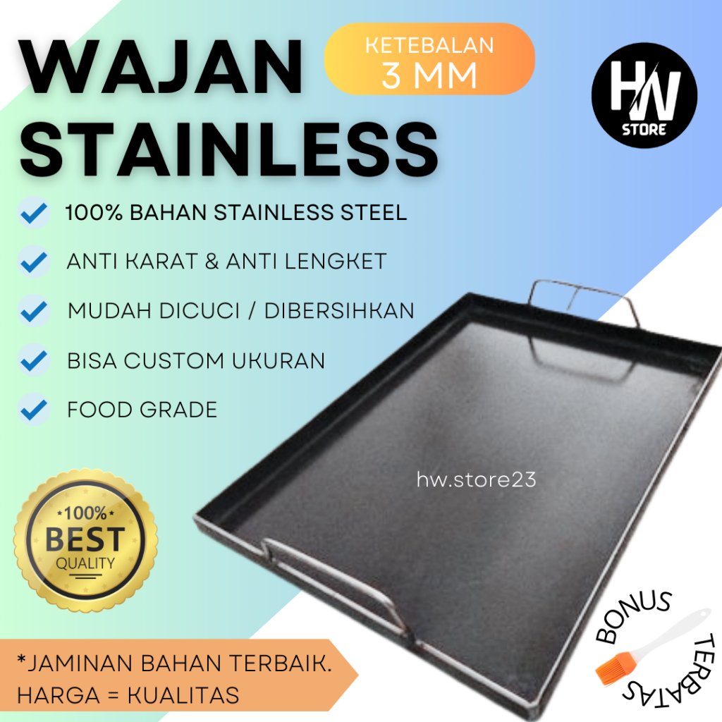 [STAINLESS 3MM] WAJAN ROTI BAKAR / WAJAN BURGER STAINLESS / WAJAN KEBAB / WAJAN ANTI LENGKET / WAJAN
