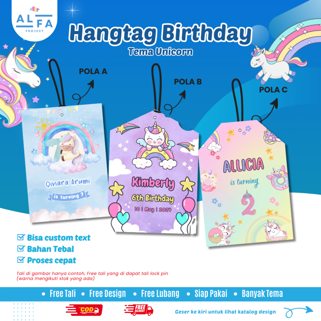 

D68 Hangtag Birthday Unicorn Custom | hang tag ulang tahun anak tema unicorn kuda poni lucu cute stiker label nasi kotak ulang tahun free tali bisa cod baby born aqiqah tedhak siten