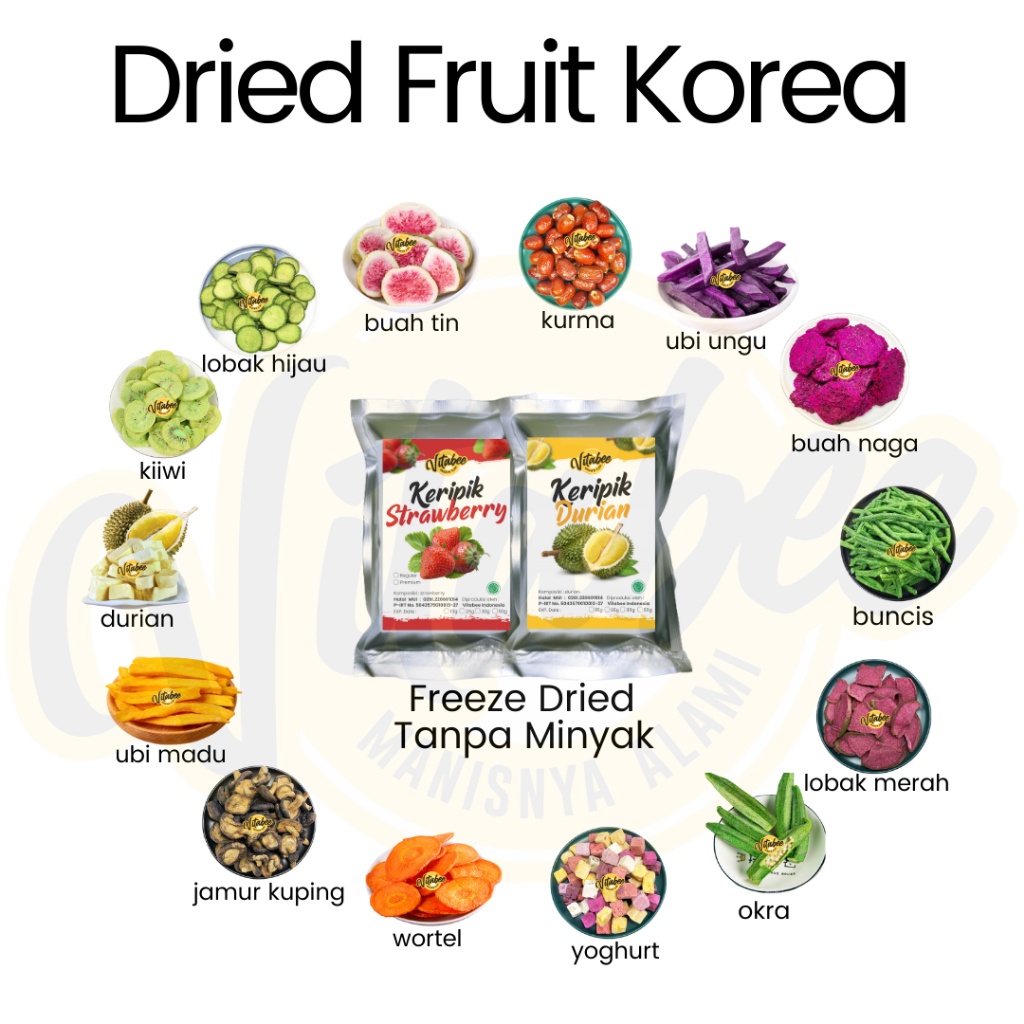 

TERBARU Dried Fruit Keripik Kripik Buah dan Sayur Korea Vitabee Strawberry Okra Durian Kiwi Buah Tin 5gr