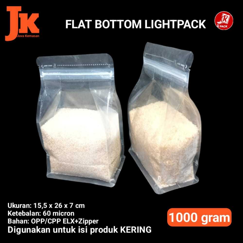 KPACK 1000Z FLATBOTTOM LIGHTPACK 1000Z KEMASAN GUSSET BENING TRANSPARAN KOPI SNACK BUBUK 1KG KLIP ZI