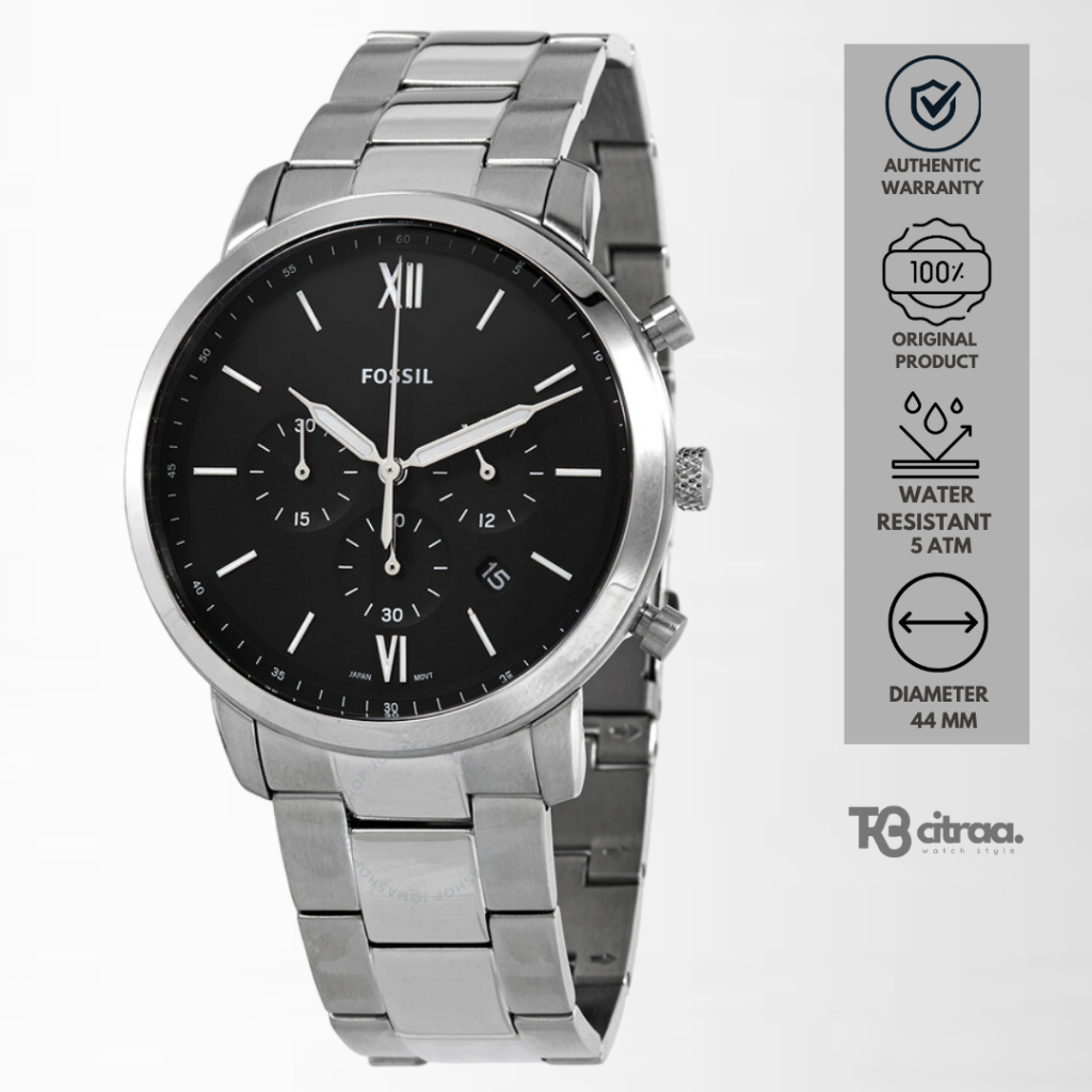 jam tangan fashion pria Fossil men Neutra analog strap rantai cowok Chronograph Black Dial silver St