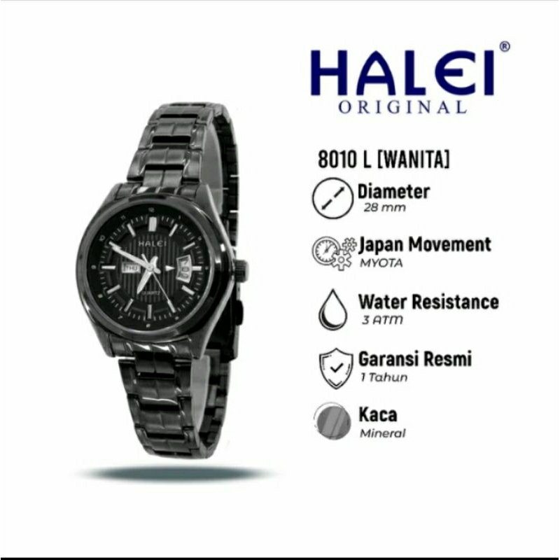 Jam Tangan Wanita Halei 8010L Original - Black Black