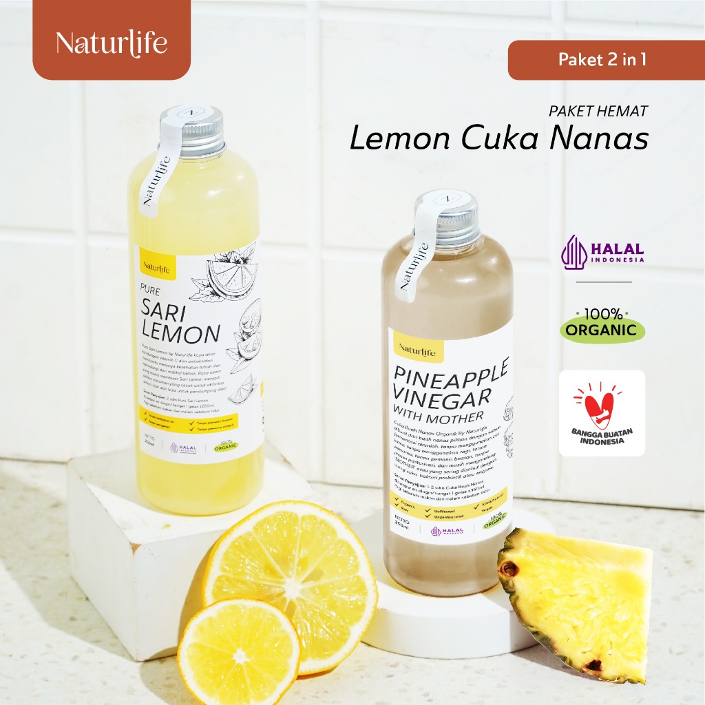 

CUKA NANAS SARI LEMON PAKET 2 IN 1 ORIGINAL ORGANIK 250ML / PINEAPPLE CIDER VINEGAR / CUKA SARI NANAS / SARI LEMON ASLI UNTUK DIET / SARI LEMON ASLI 100% / SARI LEMON ASLI SARI LEMON ASLI UNTUK DIET BPOM NATURLIFE NUTRIFARM DEHEALTH SUPPLIES DARIBUMI BEOR