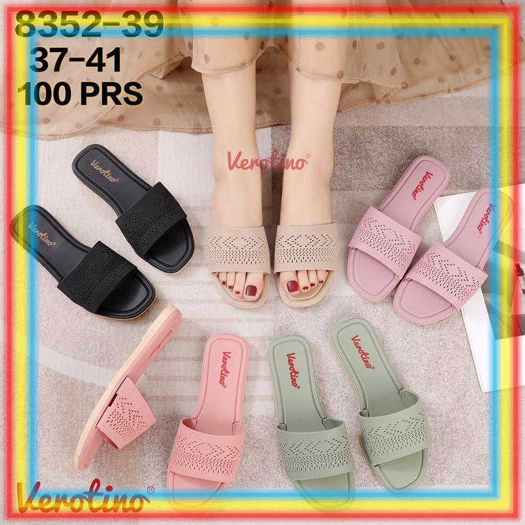 8352-39 Sandal Selop Karet Wanita Sendal Slop Karet Cewek Verotino Motif Rajut Polos Glanzton