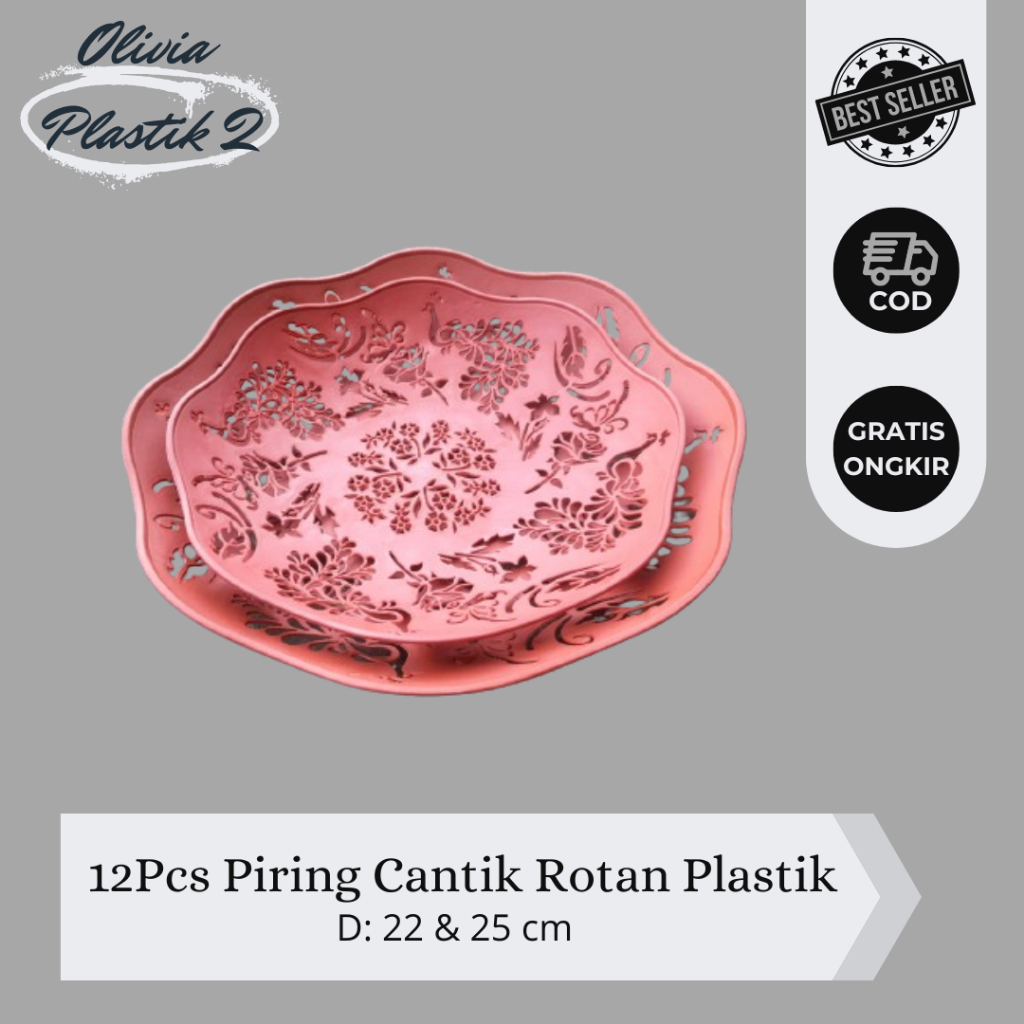 (12 Pcs) Piring Cantik Rotan Plastik Sedang & Besar