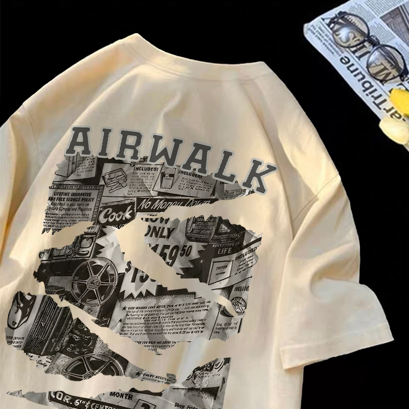 Disneay Kaos Pria T-shirt Kaos AIRWALK Vintage Longgar Kaos Cream Pria Baju Distro Oblong Pria 100%