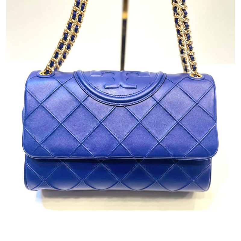 TORY BURCH Fleming Soft Convertible Diamond Pattern Shoulder Bag in Navy Day Leather x Suede