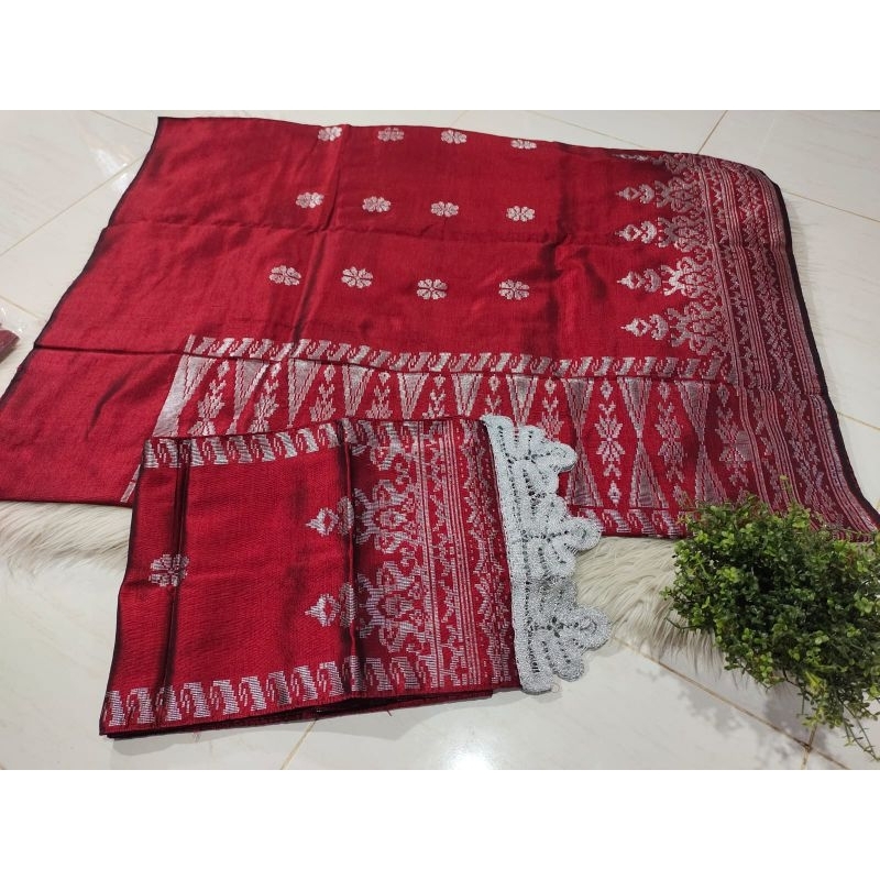 Songket silungkang warna marun motif silver songket padang