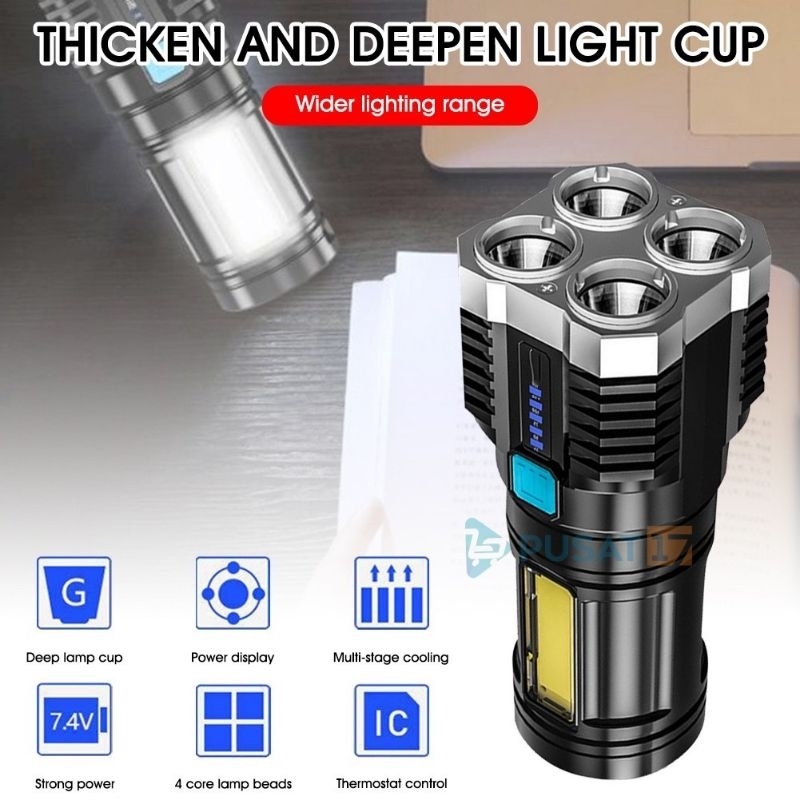 SENTER LAMPU 4 MATA EMERGENCY CAMPING LED COB USB CAS RECHARGEABLE TERANG WATERPROOF ORIGINAL MURAH