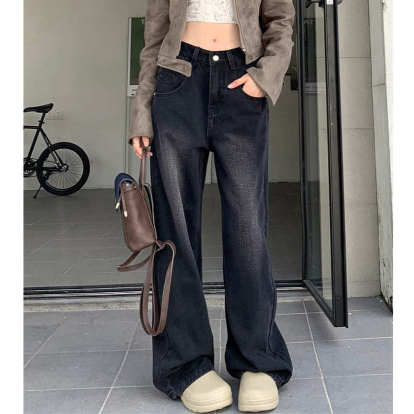 Abu-abu Highwaist Straight Celana Panjang Jeans Wanita