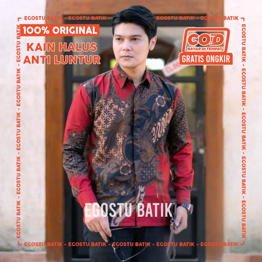 EGOSTU BATIK Lengan Panjang Pria Kemeja Batik Dewasa Warna MerahBatik Maroon M-L-XL-XXL