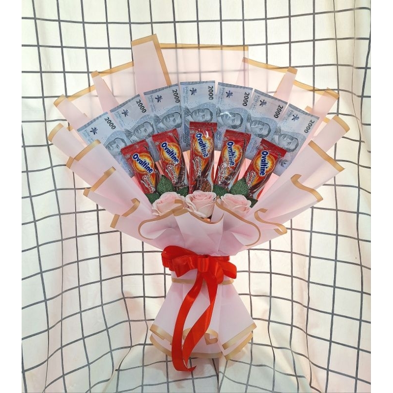 buket uang 2ribu, snack dan bunga