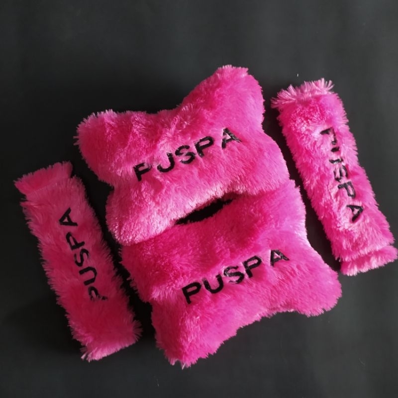 Bantal mobil headset bantal leher bulu bordir custom nama